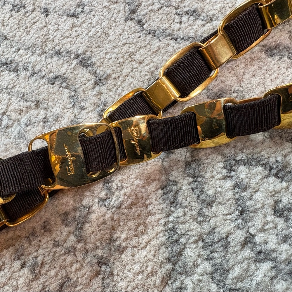 Salvatore Ferragamo Black Grosgrain & Gold Chain Belt